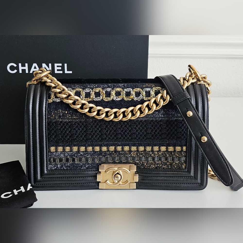 Chanel Black Lambskin Metallic Tweed Embroidered Medium Boy Bag